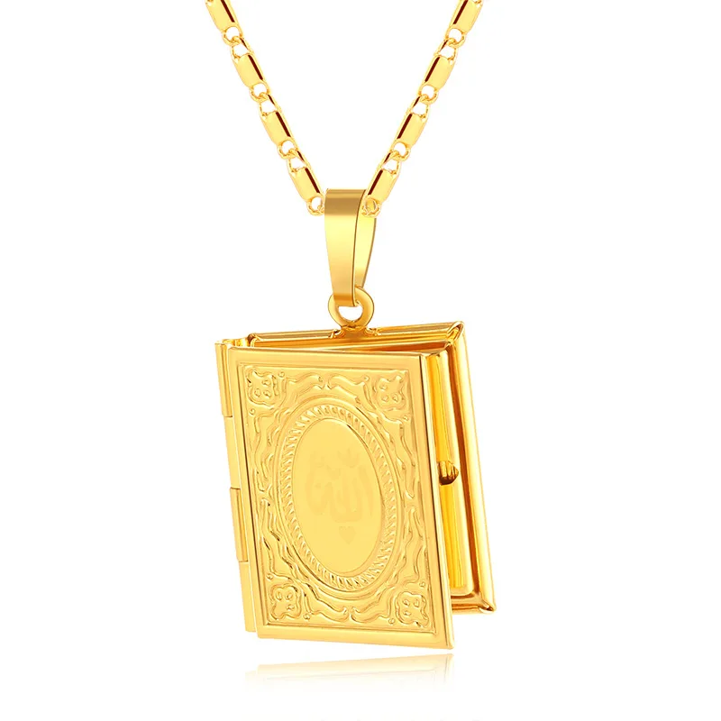 Gold Color Islam Allah Muslim Necklace Quran Koran Book openable Box Pendant With Chain Muhammad Religion Jewelry Gift