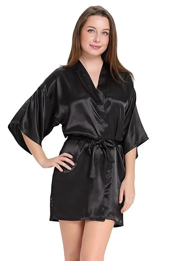 Sexy Silk Satin Night Kimono Robe Short Bathrobe Perfect Wedding Bridesmaid Bride Robes Solid Dressing Gown For Women