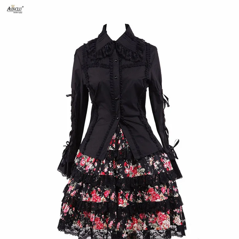 

Ainclu Hot Selling Womens Long Sleeves Punk Classic Lolita Outfits Including Black Blouse and Printing Skirt For Casual/Party