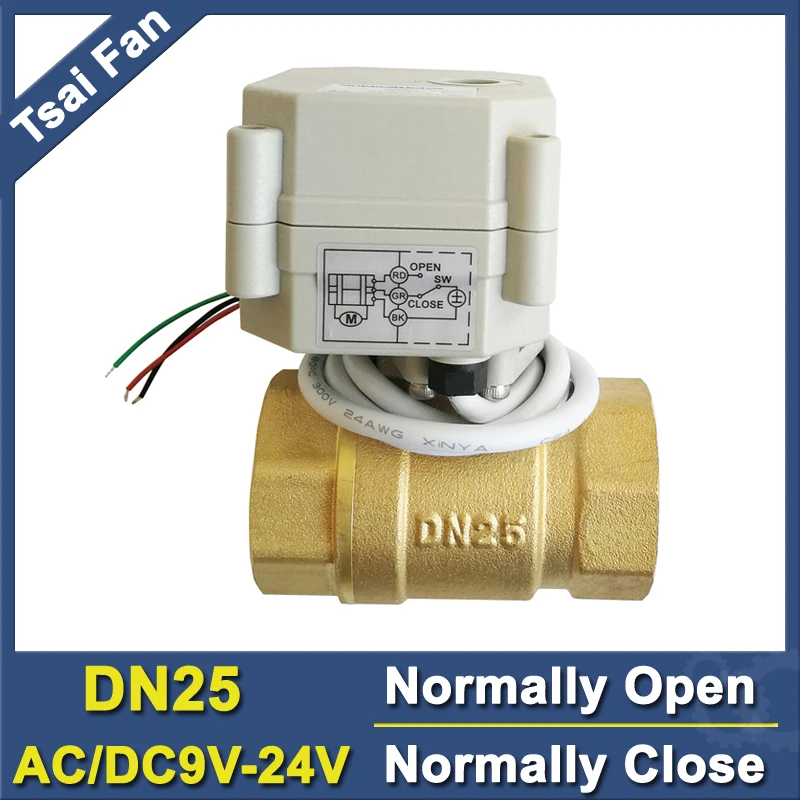 TF25-B2-C AC/DC9V-24V 1'' Brass Full Port 2 Way Normally Close/Open Motorized Valve 2/5 Wires Capacitors Power Off Return