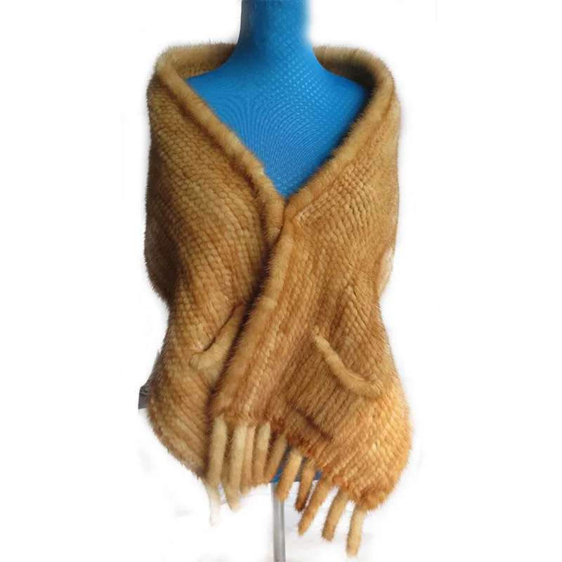 

Autumn Winter Women's Genuine Natural Knitted Mink Fur Shawl with Tassels Wraps Lady Pashmina Scarf VF7053