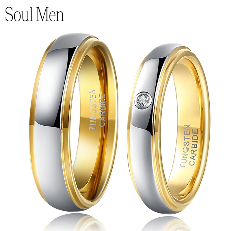 Romantic Tungsten Couple Wedding Rings With Stones For Matching Engagement Rings Silver Color Gold Color