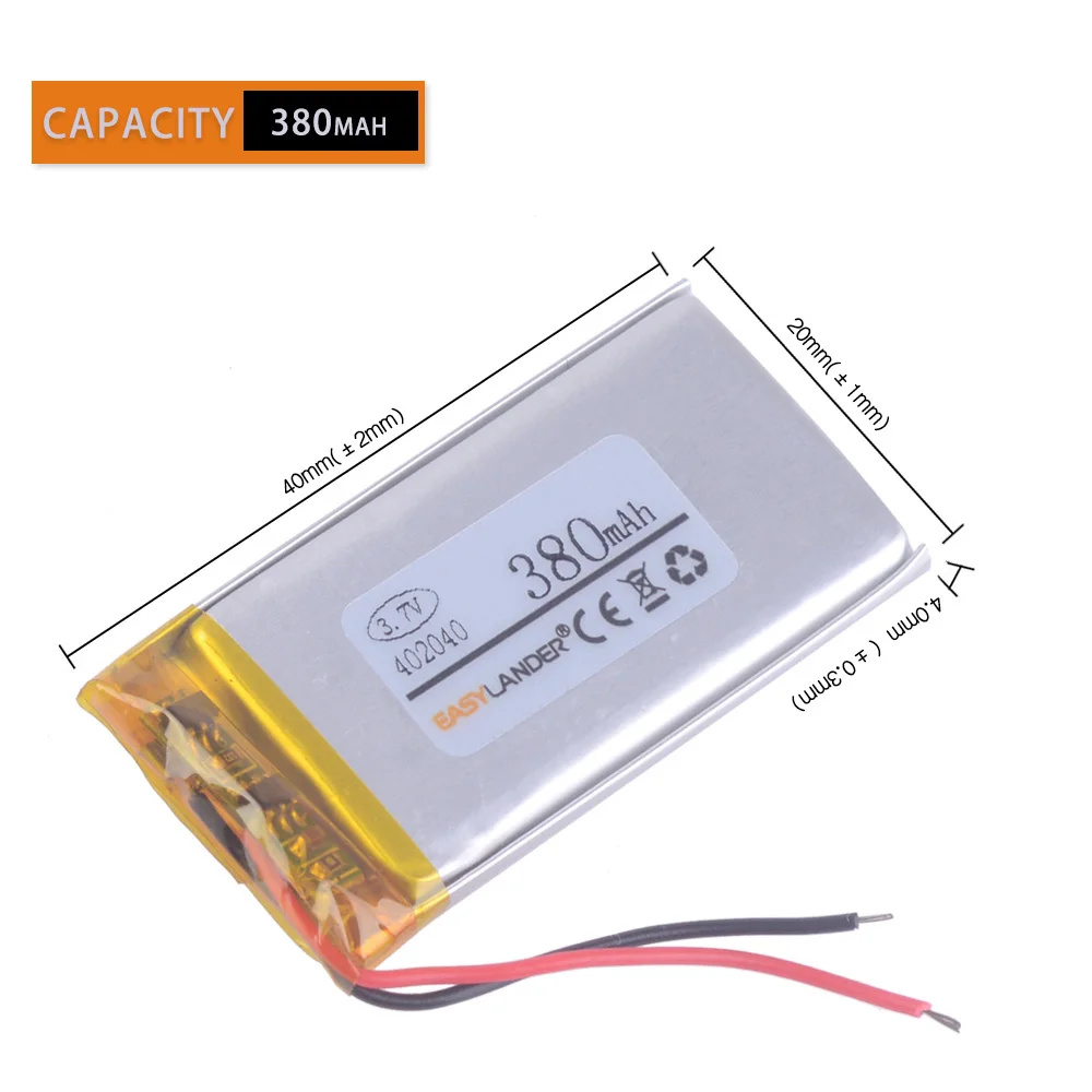 3.7V 402040 380mAh Rechargeable Lithium Li-ion Polymer Battery