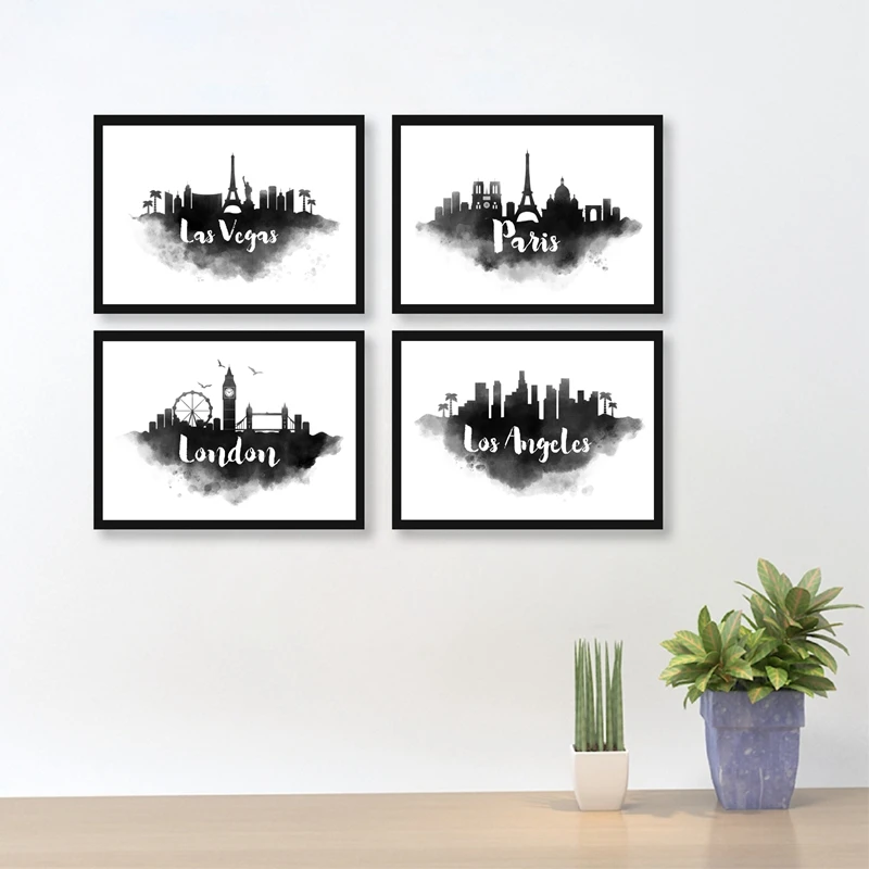 City Skyline Wall Pictures Art Print , Watercolor Las Vega / Paris /Los Angeles/ London Landmark Building Poster Canvas Painting