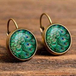 Vintage Green Peacock Feather Earrings For Women Bronze Plated Glass Dome Cabochon Earrings Jewelry