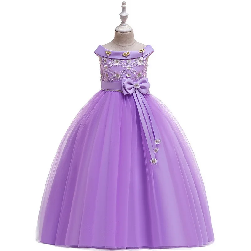 Meninas princesa belle traje rosa estilo longo vestido arco-nó vestidos de festa grande menina deluxe princesa vestido de casamento