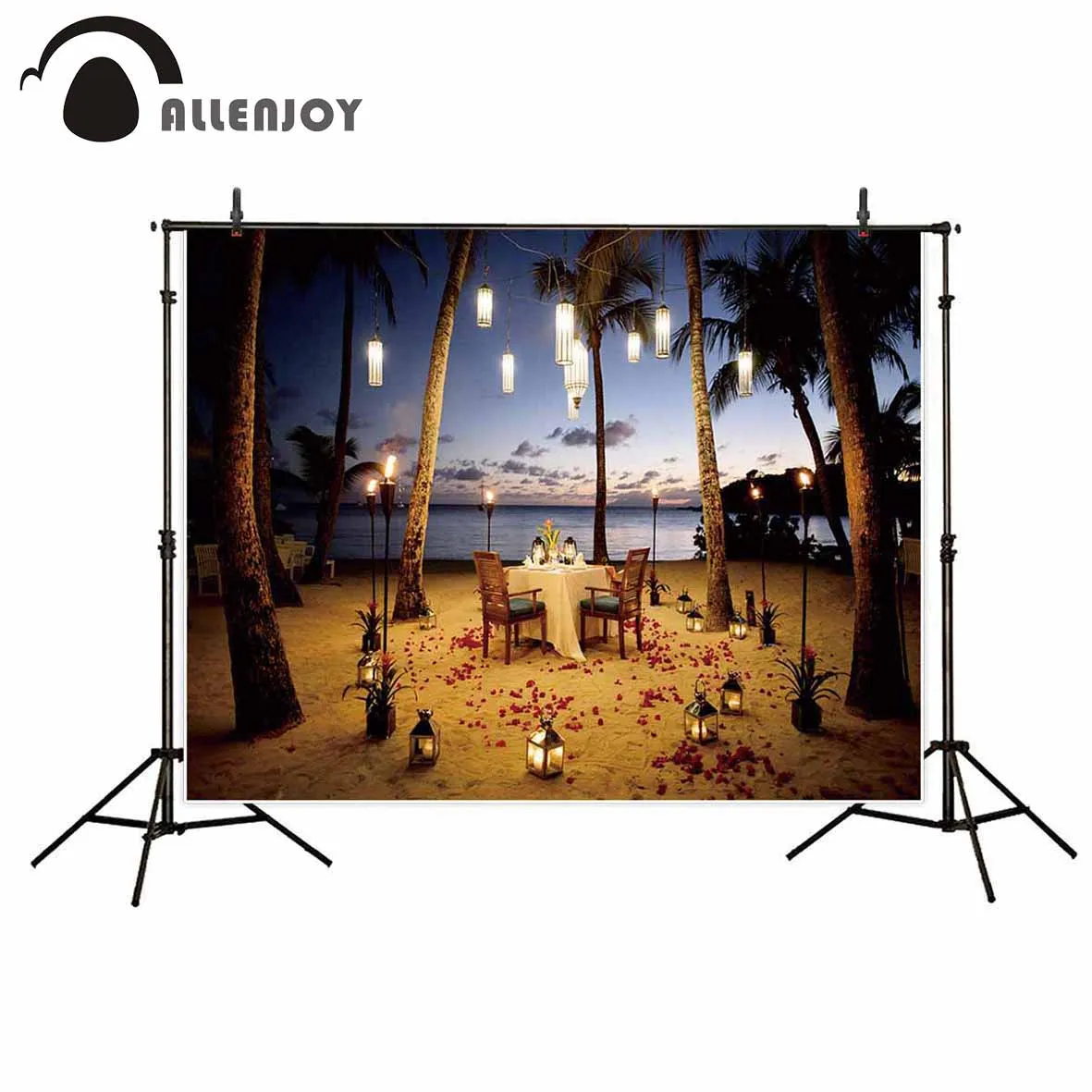 Allenjoy backdrop Table for romantic meal on the beach with lanterns chairs flowers palms sky sea photo background photo booth