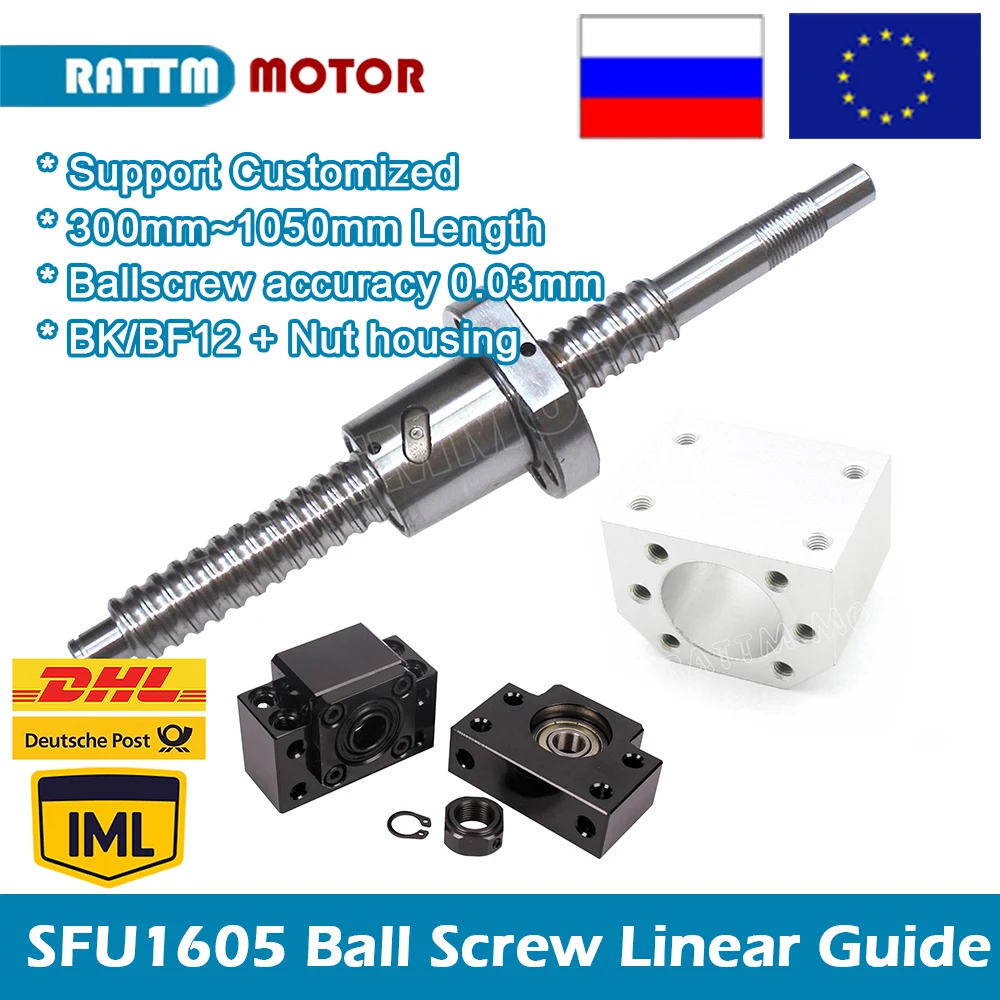 CNC Accessories Part SFU1605 Ball screw 300 500 800 1050mm  C7 with end machined + nut housing + BK/BF12