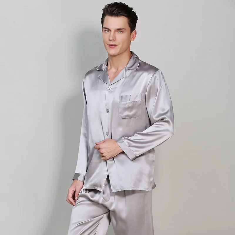 Man\'s Long Sleeve Genuine Silk Pajamas 19MM Heavy Silk Pyjama Sets 100% Silkworm Silk Sleepwear Male Solid Color T9002-ZB