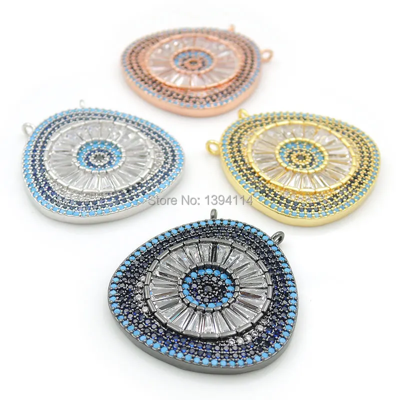 

26*26*3mm Micro Pave Kallaite&Blue&Clear CZ Triangle Charm Of Double Circles Fit For Women As Necklaces Accessory