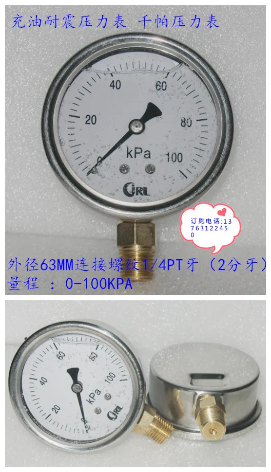 Manómetro sísmico Vertical de 60MM 0-100KPA lleno de aceite con carcasa de acero inoxidable