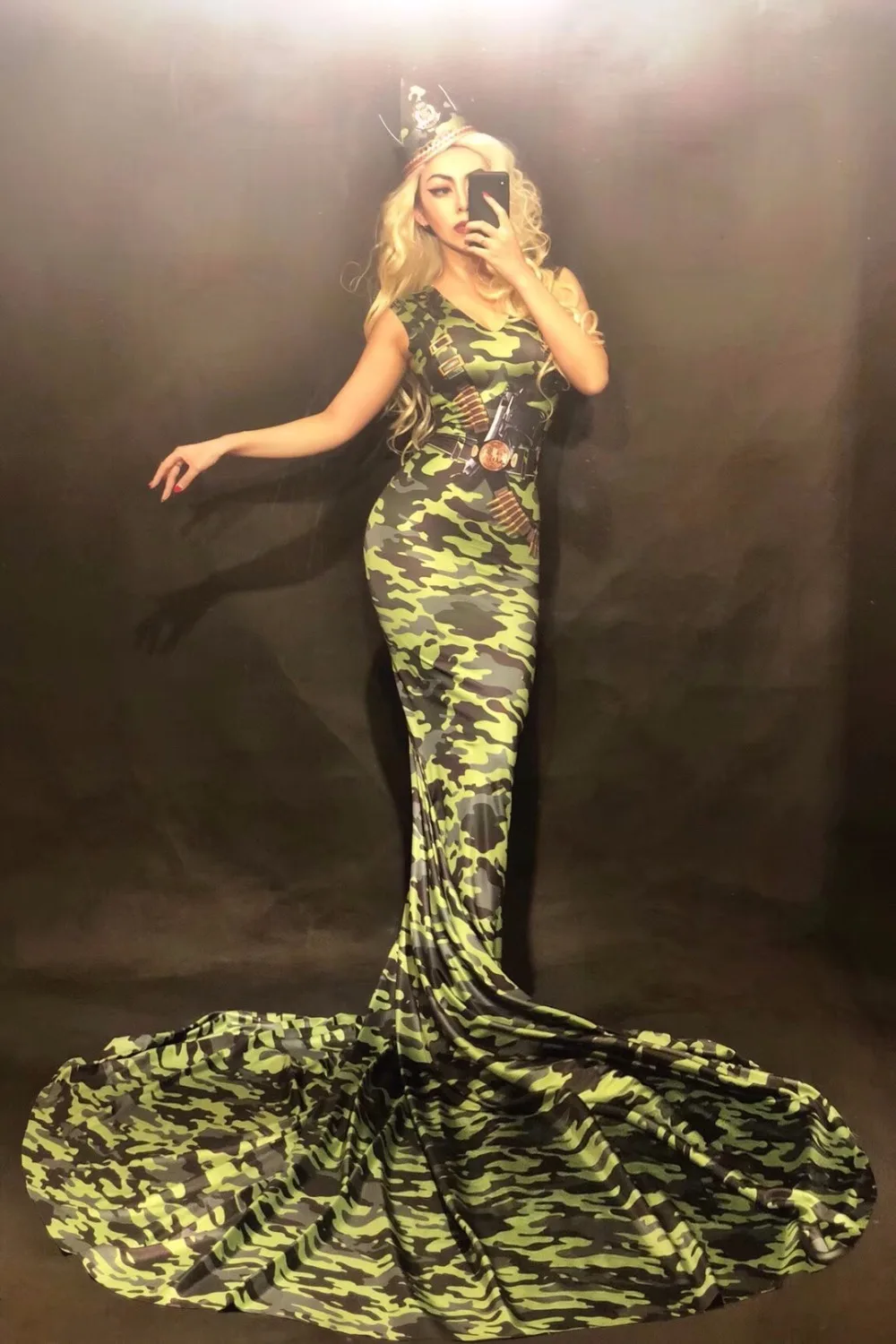 Women New Camouflage Sexy Long Dress 3D Printed Trailing Dress Party Celebrate Performance Dancer Singer Stage Wear Costumes