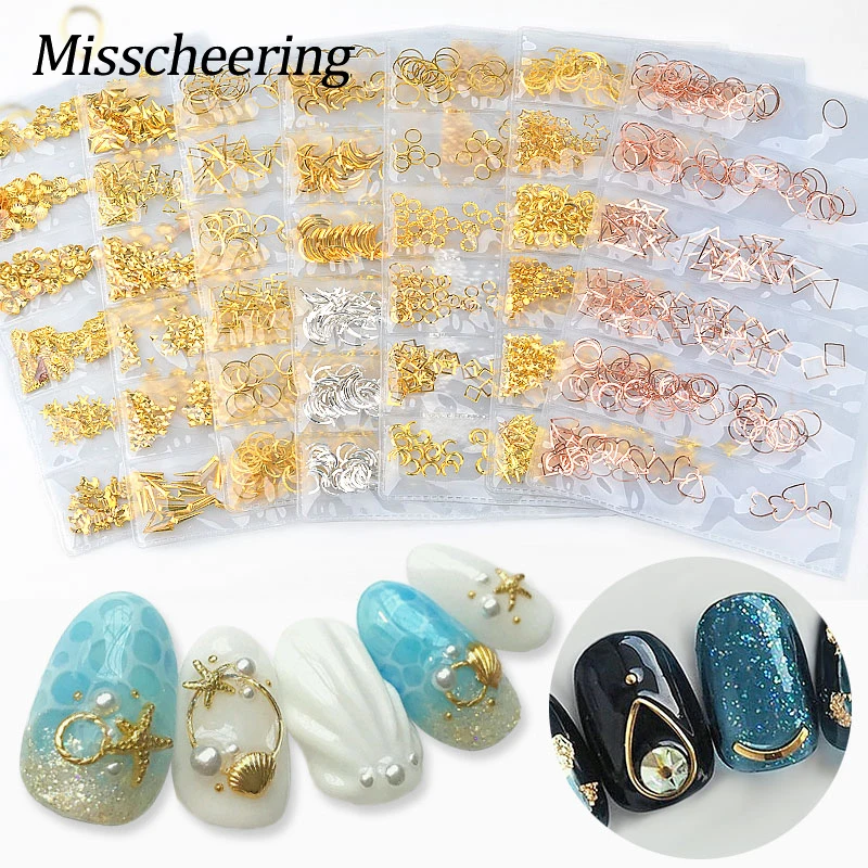 1 Bag Mixed 3D DIY Hollow Metal Frame Nail Art Decorations Gold Silver Rivets Heart Star Square Shell Studs Manicure Accessories