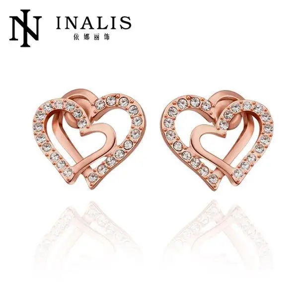 INALIS Love Heart Shape Stud Earrings for Women Clear Cubic Zirconia Fashion Anniversary Jewelry E839