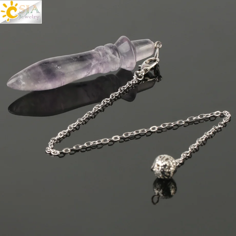 CSJA Natural Stone Fluorite Pendulum Cone Pendant Indian Dowsing Hypnosis Amulet Healing Reiki Energy Jewelry for Women Men G152