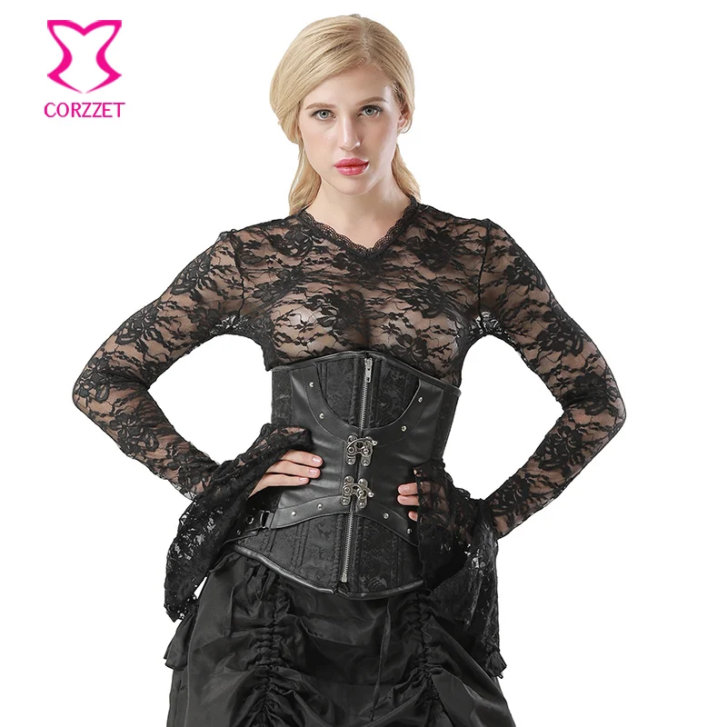 

Corzzet Black Leather&Brocade Steel Boned Zipper Underbust Corsets And Bustiers Retro Gothic Waist Slimming Steampunk Corselet