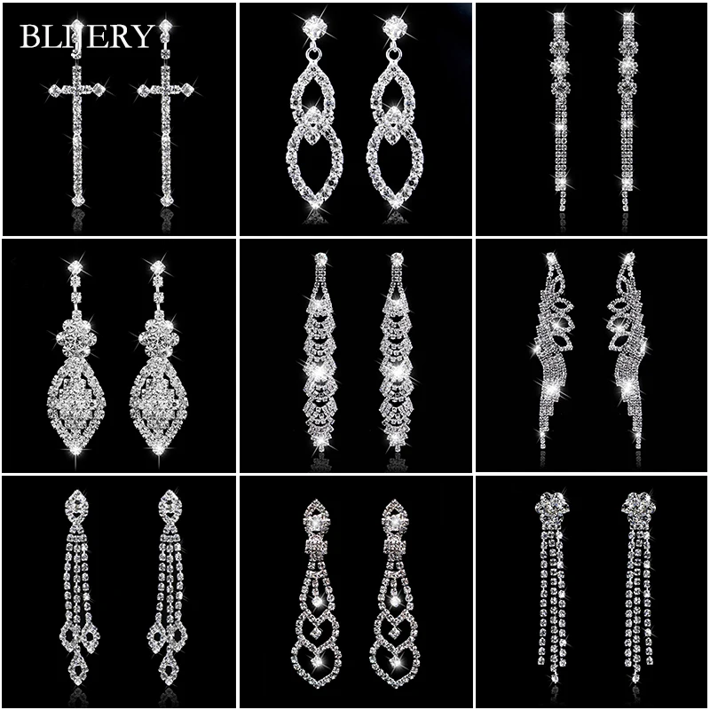 BLIJERY Sparking Silver Color Rhinestone Crystal Long Wedding Earrings for Women Brides  Drop Dangle Earrings Prom Party Jewelry