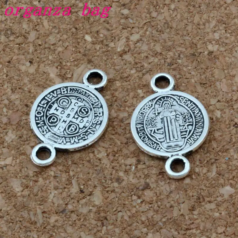 100pcs Zinc Alloy Metal Saint Benedict Medal Cross 1.5mm Hole Connectors Fit Hand-Woven Bracelets Jewelry DIY 11.8x28.5mm