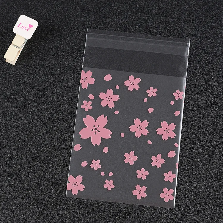 500PCS Pink Sakura Printed Plastic Packing Bag for Candy Biscuit Snack OPP Food Grade Self Adhesive Bags Cellophane Packaging