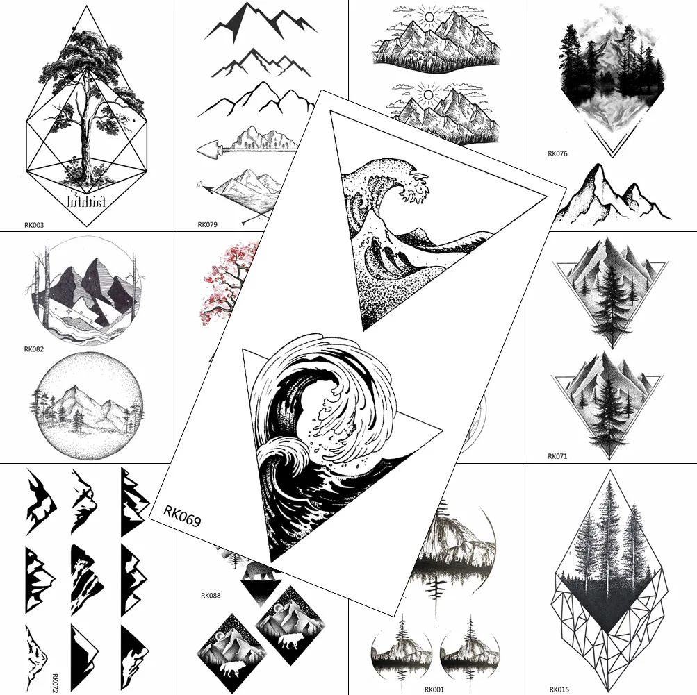 Tatuagem temporária com ondas geométricas, adesivo minimalista preto para  homens, tatuagem de floresta de montanha e arte corporal falsa / Tatuagem e  arte corporal, image size:1003x1001