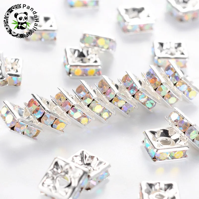 100pcs Metal Brass Rhinestone Crystal Bead Loose Spacer Beads Square for DIY Jewelry Making Accessories