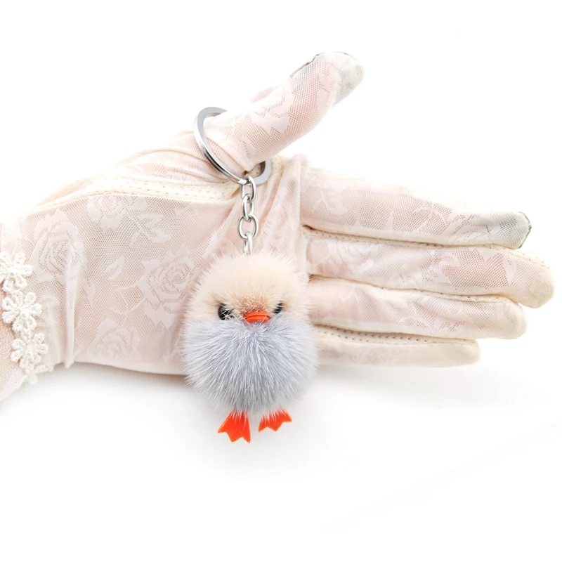 Genuine Mink Fur Chicks Keychain Women Cute Duck Doll Key Ring Chain Pompom Keyring Female Trinket Toy Bag Charms Car Key Holder