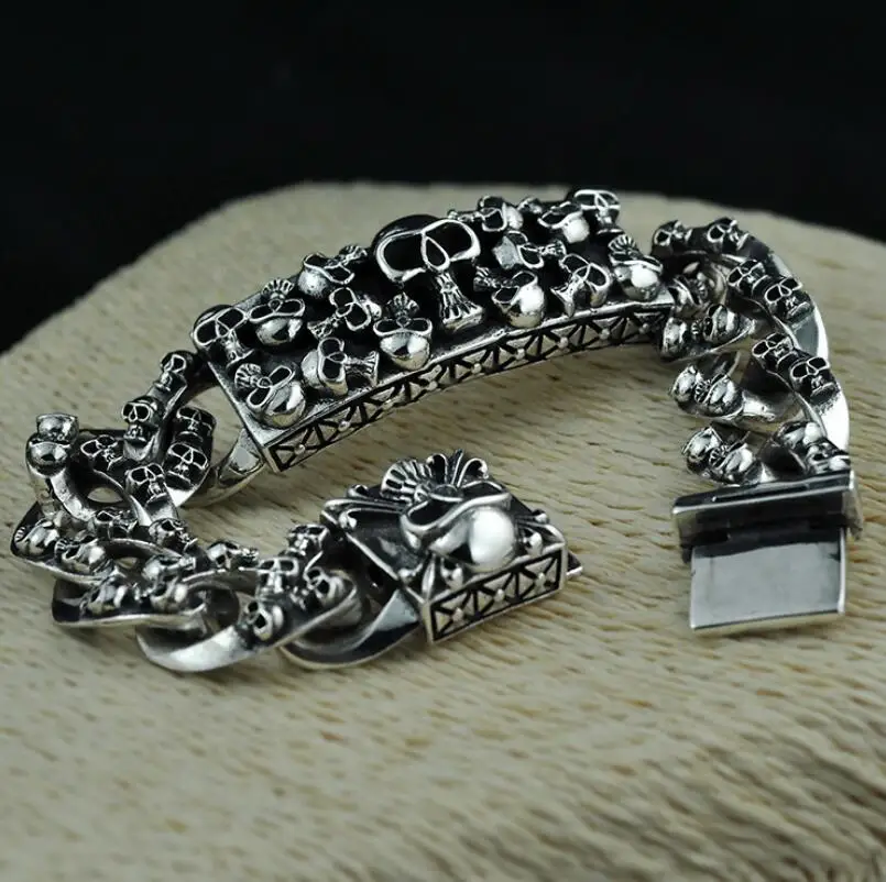 

Unibabe Pure Silver Sterling 925 Silver Vintage Skull Carved Chain & Link Lock S925 Bracelet