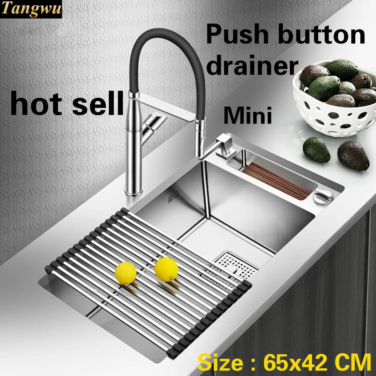 

Free shipping Household luxury mini kitchen manual sink single trough dish washing durable 304 stainless steel hot sell 65x42 CM