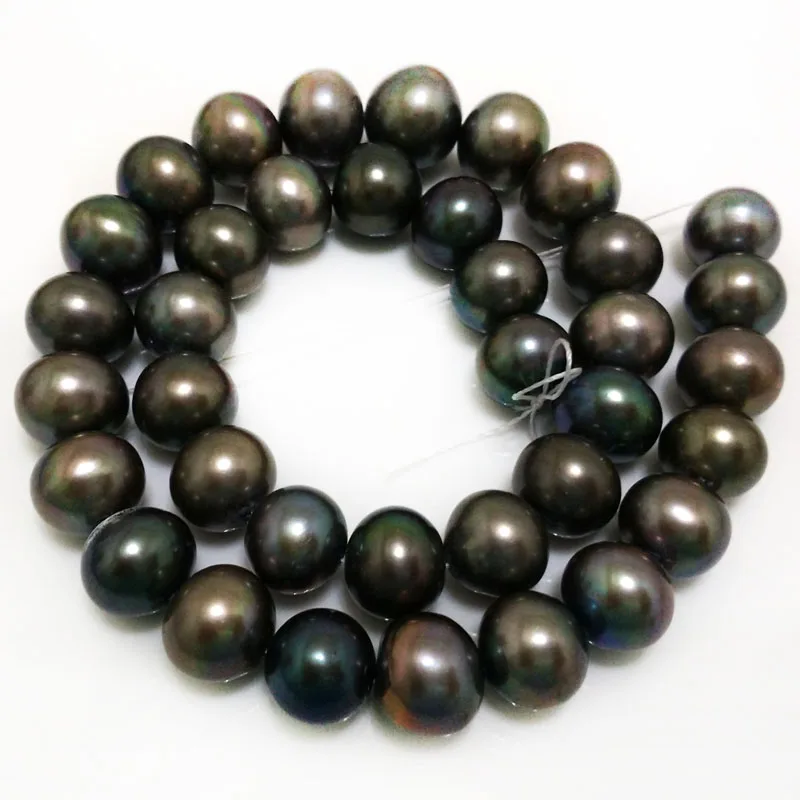 16 inches 12-13mm AA+ High Luster Black Natural Round Pearls Loose Strand