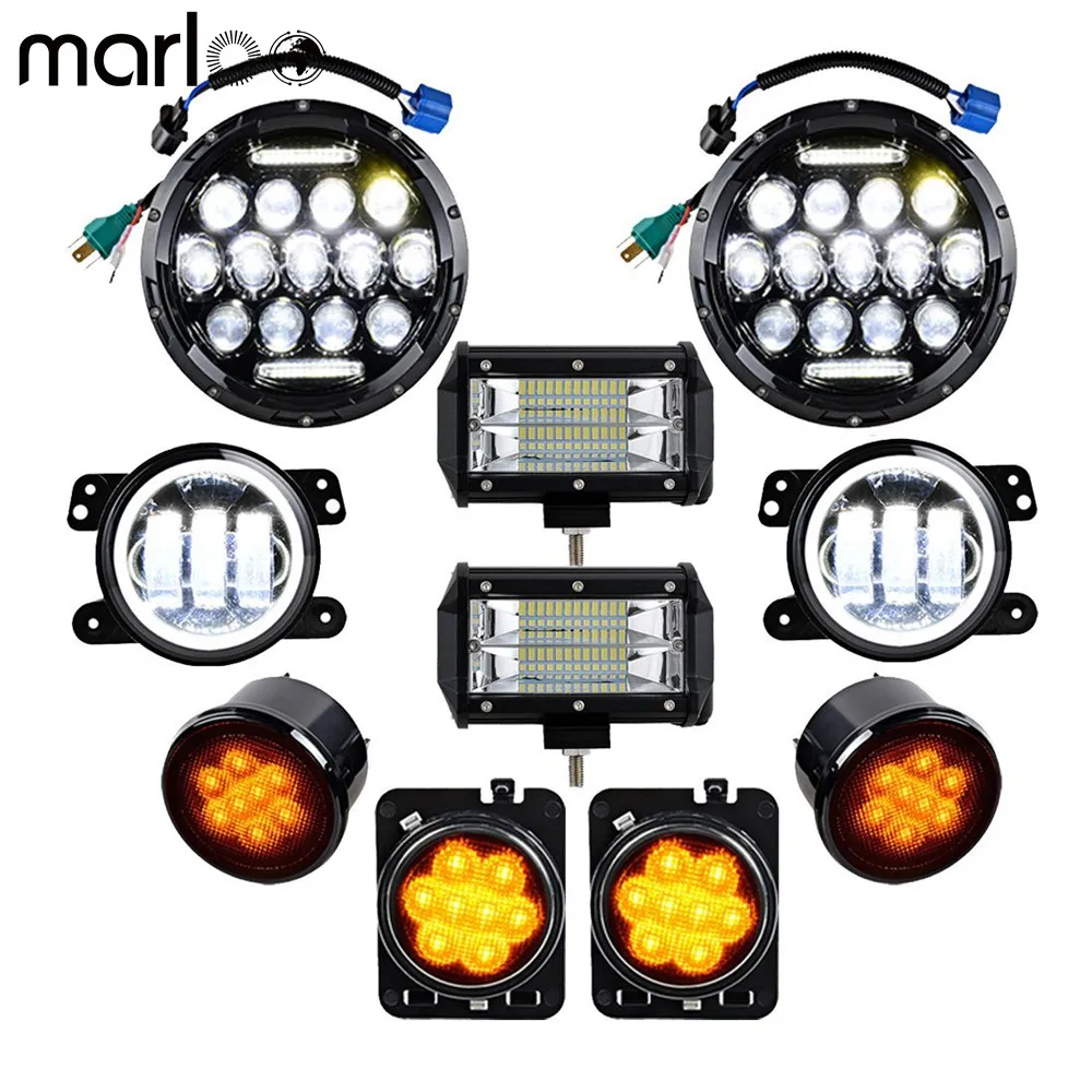 

75W 7" DRL Headlights 4 Inch Fog Halo light Front Turn Signal Side Marker Lamps 72W 5" Spot Work Light Set For Jeep Wrangler JK