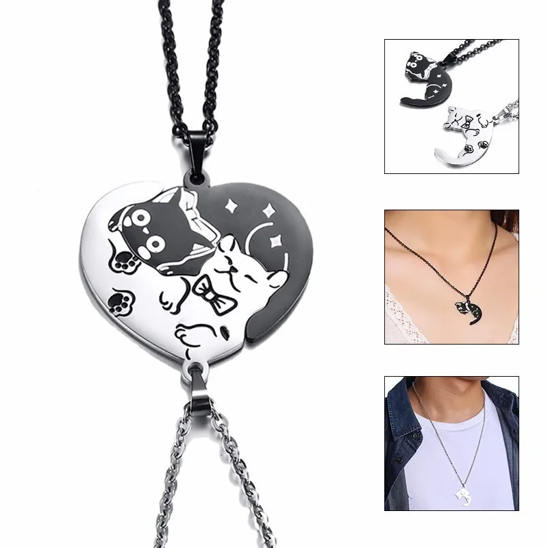 2 unids/set lindo gato perro forma corazón rompecabezas parejas collares para Mujeres Hombres colgantes de acero inoxidable amante promesa regalos de recuerdo