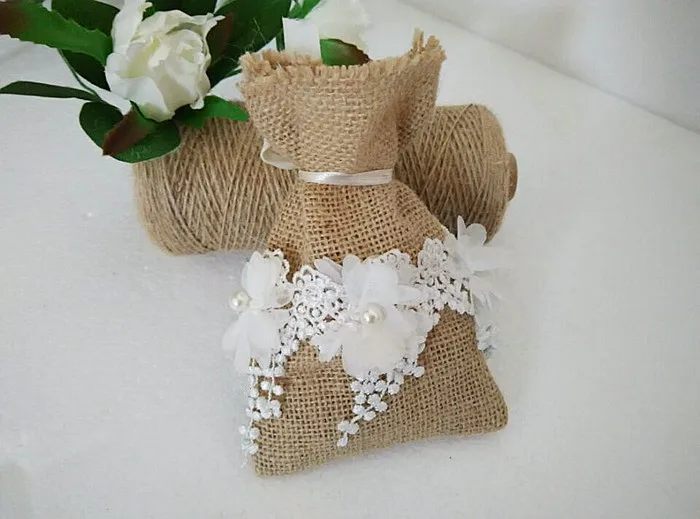 

Natural Jute & White Lace Drawstring Favor Pouch Wedding Thank you Small Gift Sack Bag 4 x 6 inches