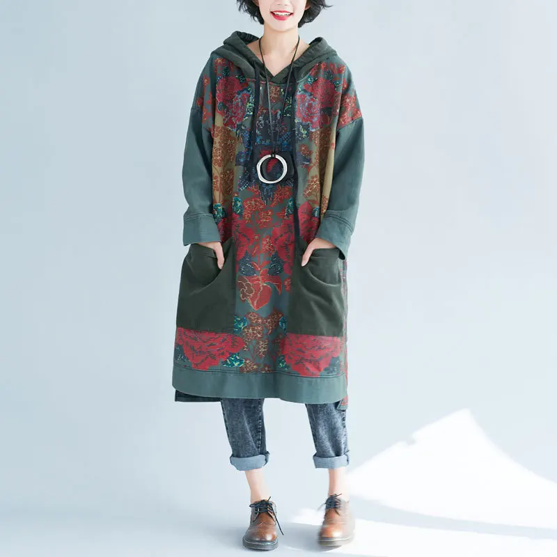 2018 female new autumn and winter plus size dress do-old printing with hood medium-long national style casual loose retro shirt