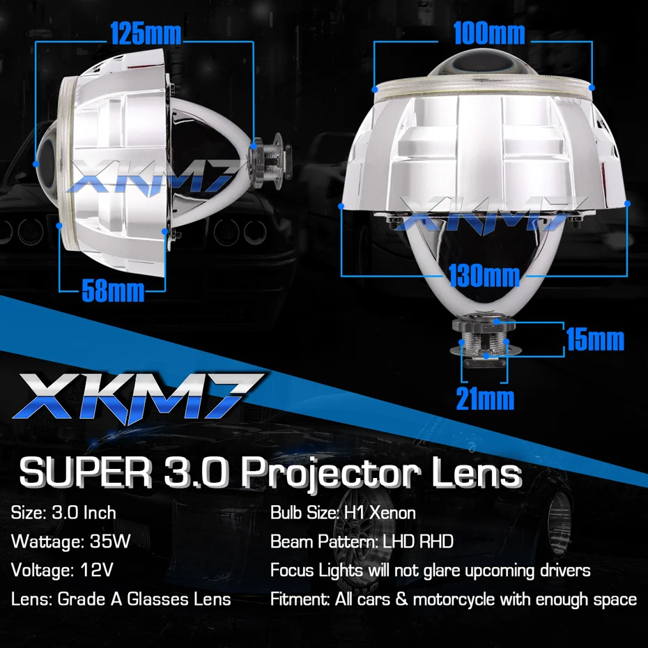 XKM7 H4 H7 Projector Retrofit Bi-xenon Lens 3.0\'\' Angel Eyes Lenses In Headlight H1 HID LED Metal Kit Car Lights Accessories DIY
