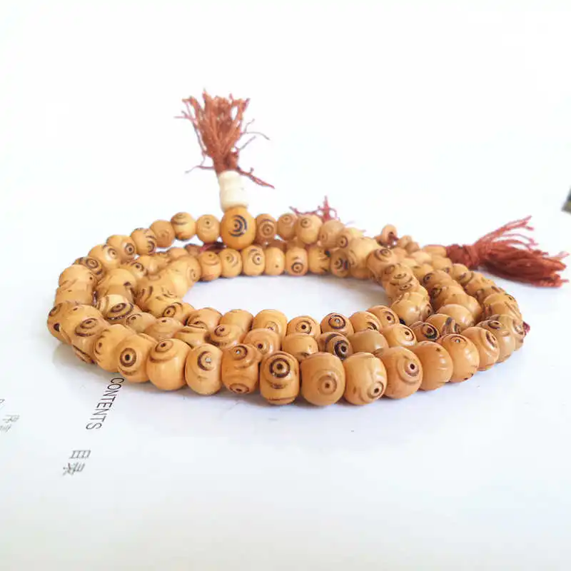 BRO516 Tibetan Hand Carved Three Eyes Bracelets Buddhist 108PCS Yak Bone Beads Meditation Prayer Mala for Man 8-9mm Earth Yellow