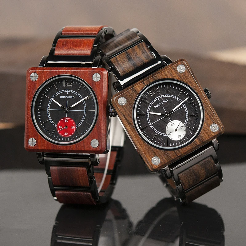 Reloj Madera BOBO BIRD Luxury Brand Wood Watch Men Square Wristwatch Japanese Seiko Movement Relogio Masculino In Gift Box