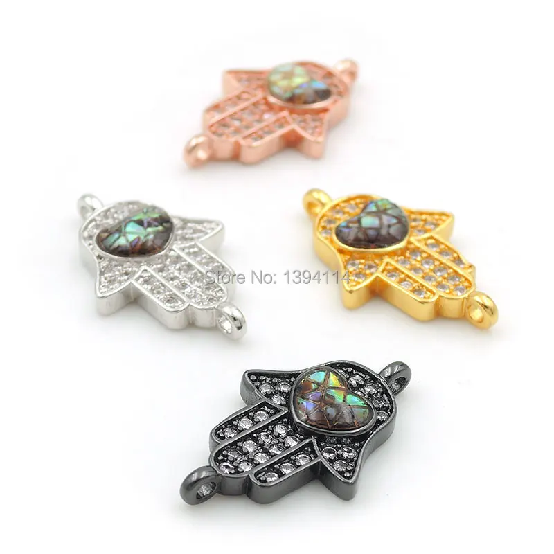 

19*12*3mm Micro Pave Clear CZ Gridding Abalone Shell Palm Of Heart Relief Connector Fit For Women As DIY Bracelets Accessory