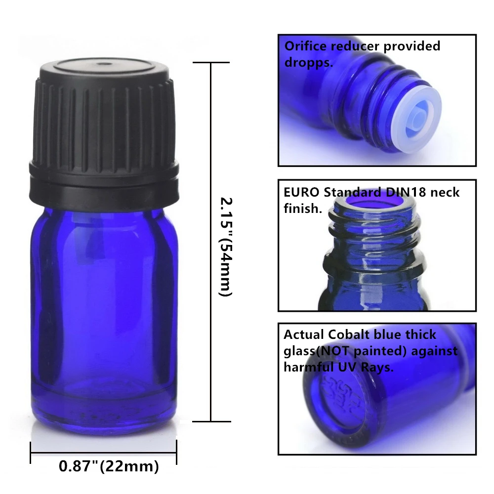 24 изделия 5 мл кобальт синий стеклянный бутылка, бутылка, сосуд, с Европейской бюреткой, черный защитный от подделки шляпа, применяется к эфирному ароматотерапии