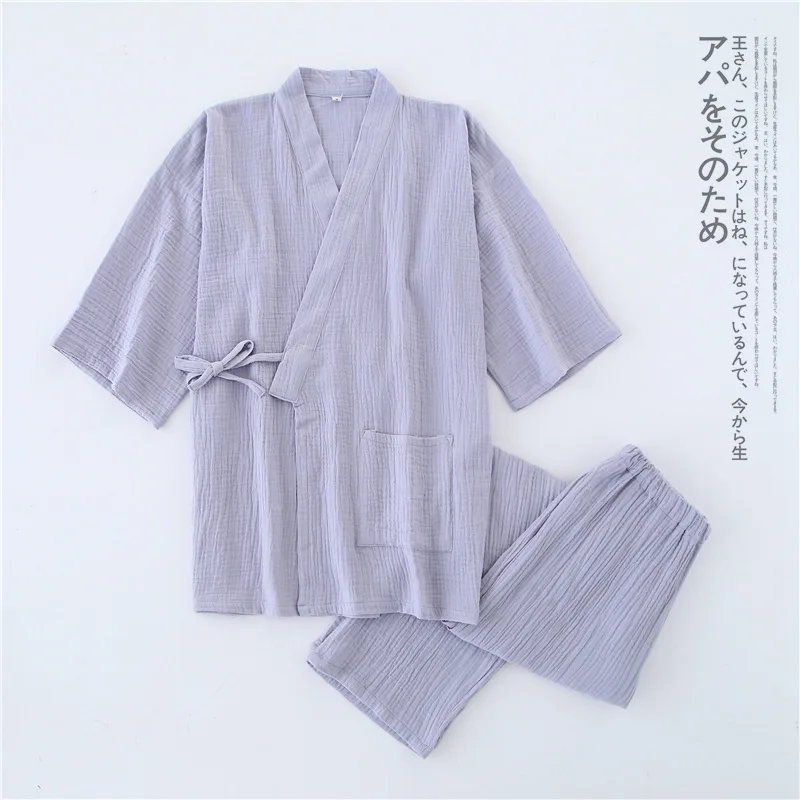 New Crepe Cotton Thin Solid Pajamas for Men and Women Short Short-sleeved Trousers Kimono Pijamas Suit Summer Sleepwear Pj Set