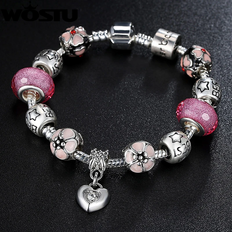 WOSTU Romantic Silver Plated Flower Heart Charm Beads Bracelet DIY Jewelry for Women Fit Original Bracelets Pulseira 1459