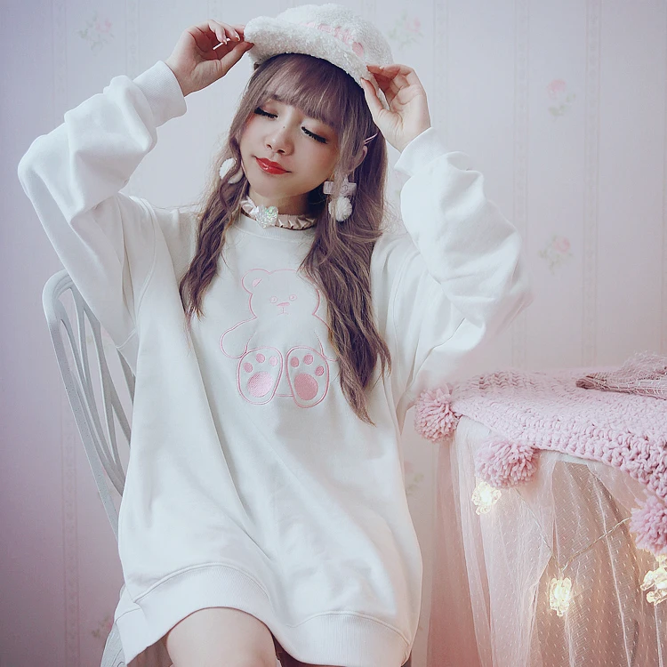 

Princess sweet lolita blue pink white hoodie lovely bear embroidery decoration Medium and long Girl simple style T1402