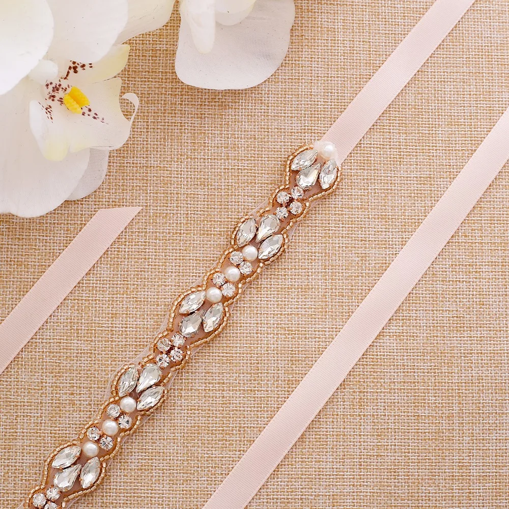 SESTHFAR Pearls Wedding Belt Rhinestones Bridal Belt Rose Gold Crystal Wedding Sash Belt For Bridal Bridesmaid Gown