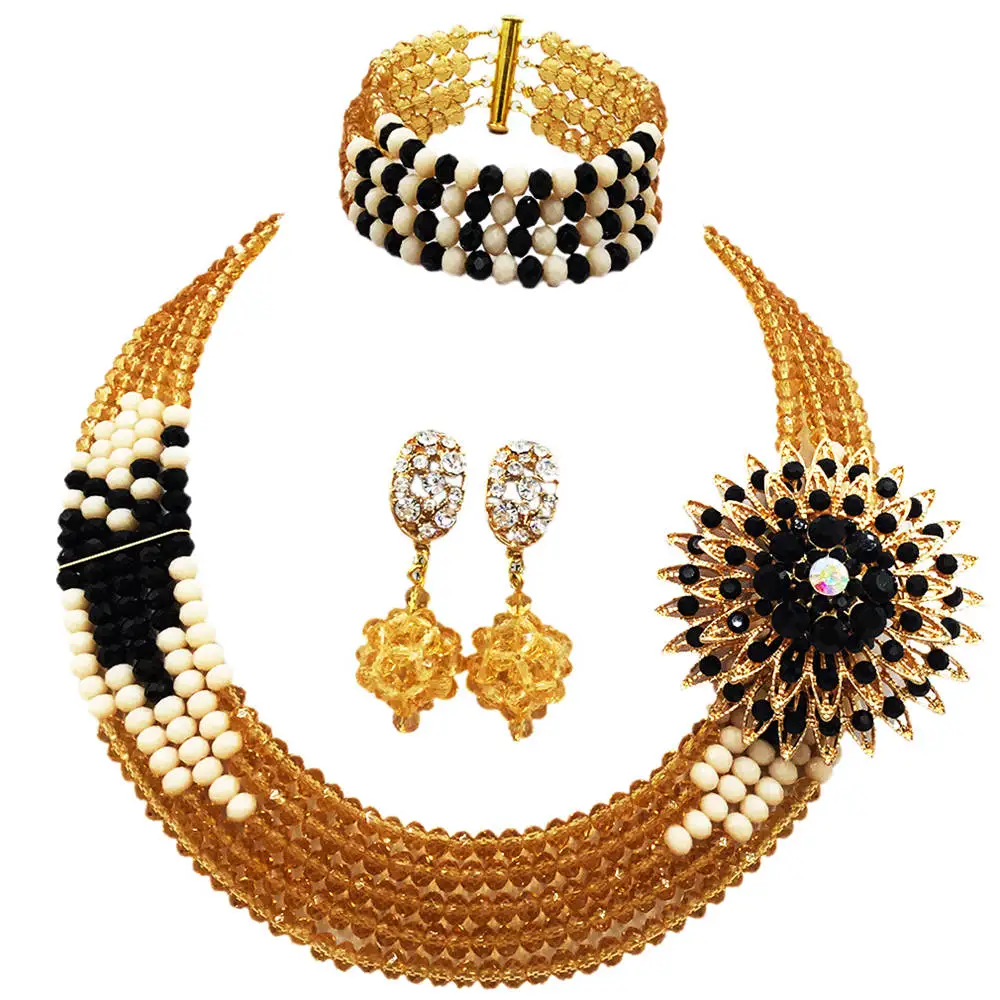 

Fashion Gold Black Multi Strands Nigerian Wedding Necklace Costume African Beads Jewelry Set for Women 5L-YH05