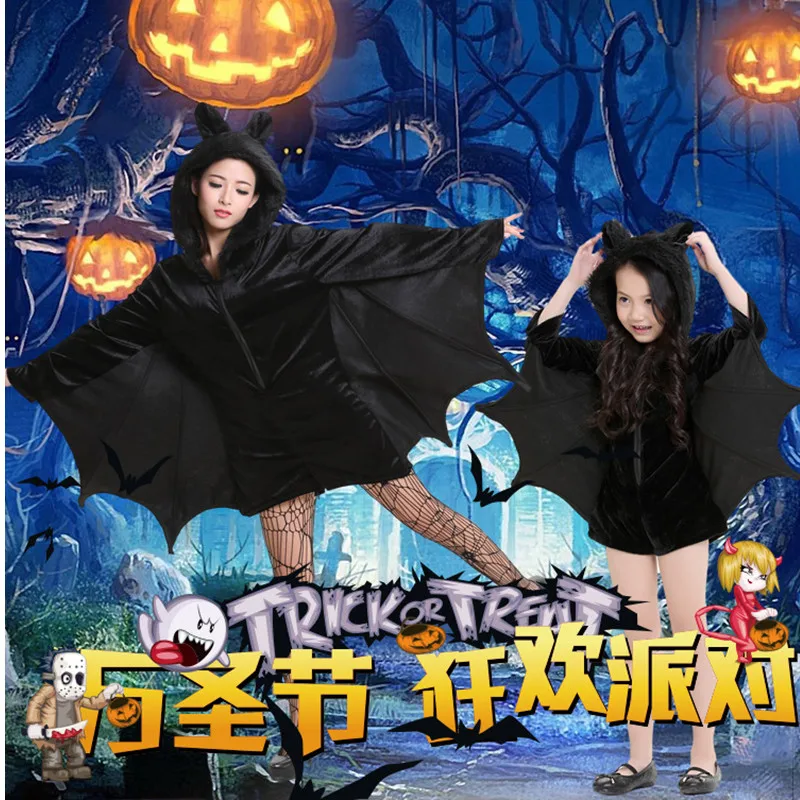 XS-XXL Mother And Daughter Cloths Animal Cosplay Black Bat Costumes Role Play Showing Carnival Christmas Masquerade Party Dress