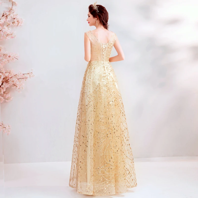 Glaring della principessa champagne oro Vestito Da Sera lungo lace up prom abito robe de mariee vestito da graduazione Una linea vestito per da sposa