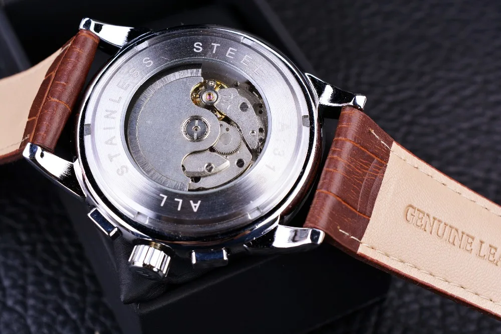 Forsining Moon Phase Shanghai movimento cassa in oro rosa cinturino in pelle marrone orologio da uomo orologio automatico a carica automatica di