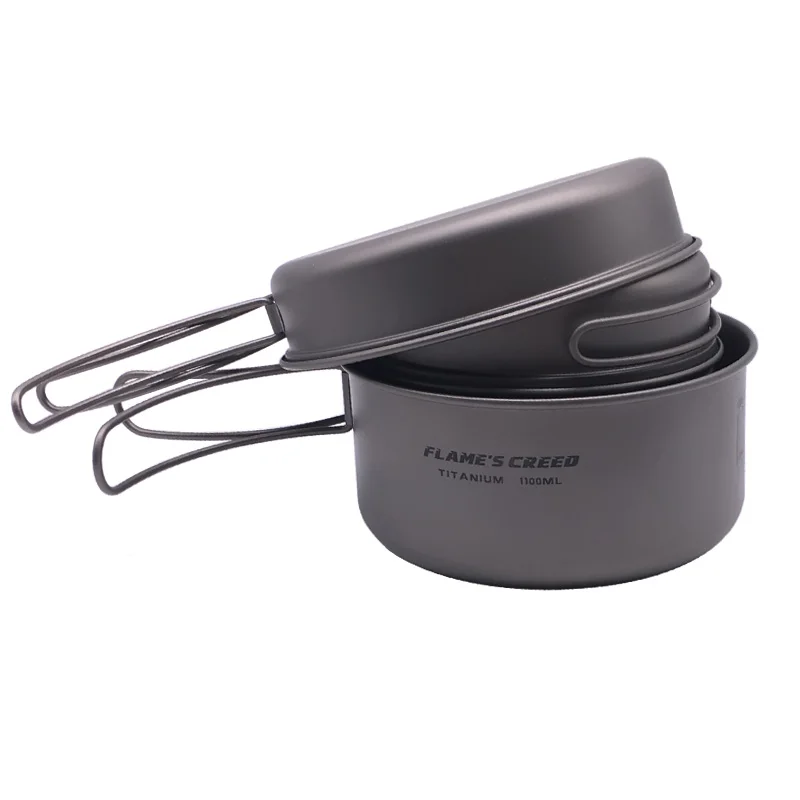 FLAME'S CREED Ultra Titanium Pan Outdoor Camping Titanium Mangkuk Set Pegangan Lipat Peralatan Masak CKW750ML