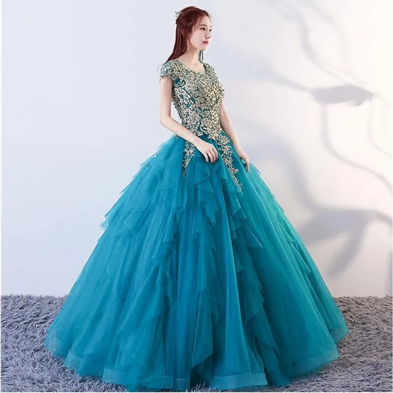 Abiti da Quinceanera lunghi di lusso "shen con maniche corte In Stock Appliques In rilievo abiti da ballo debuttanti abiti Anos 2020