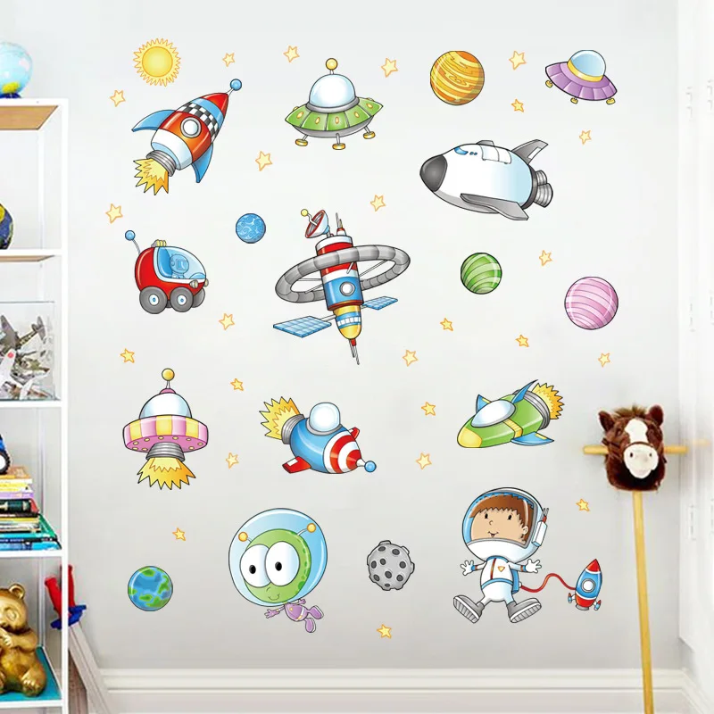 Space Astronaut Cartoon Wall Sticker Kids Room Outer Space Planet Galaxy Rocket Ship Decorative Wall Murals For Child\'s Favor