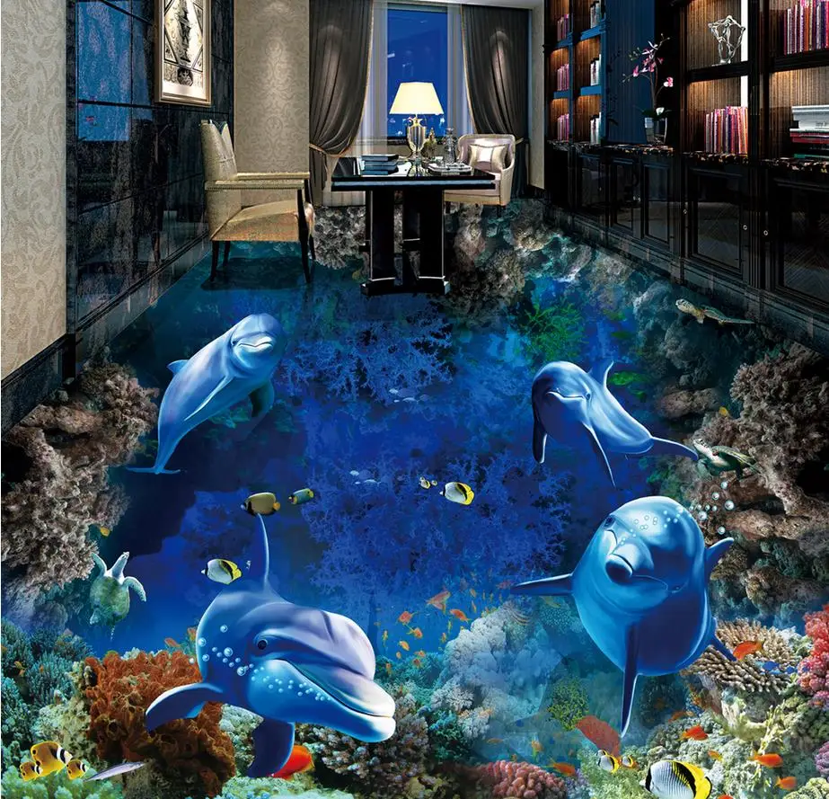 Chinese 3d floor Underwater World Dolphins wallpaper pvc self adhesive wallpaper 3d floor painting for living room 3d floor